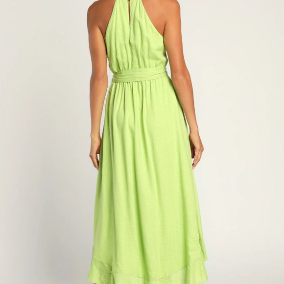 LULUS Lime Green Faux-Wrap Ruffled Midi Dress - Picture 3 of 6